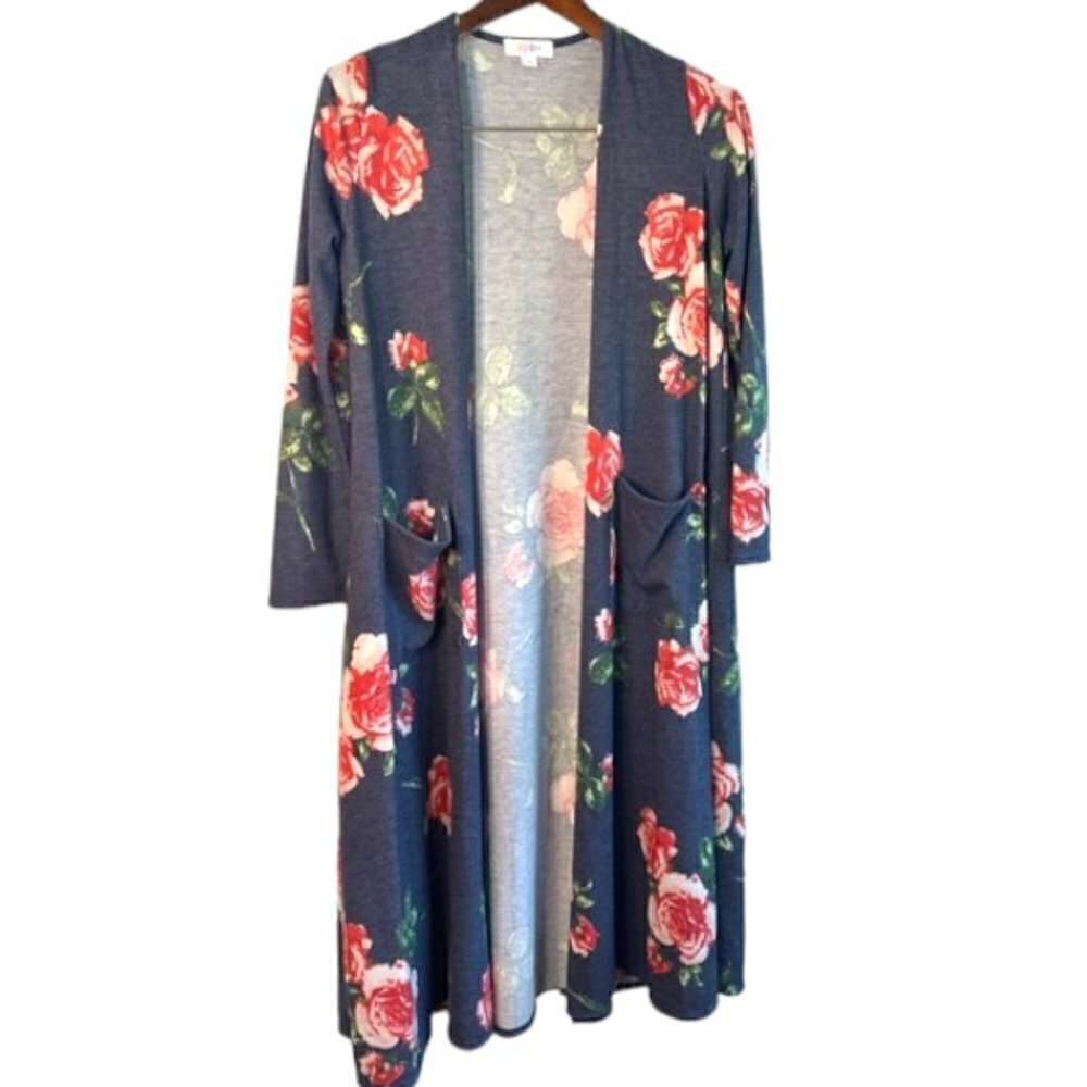 LulaRoe Women’s Navy and Pink Floral Open Cardigan Size Small